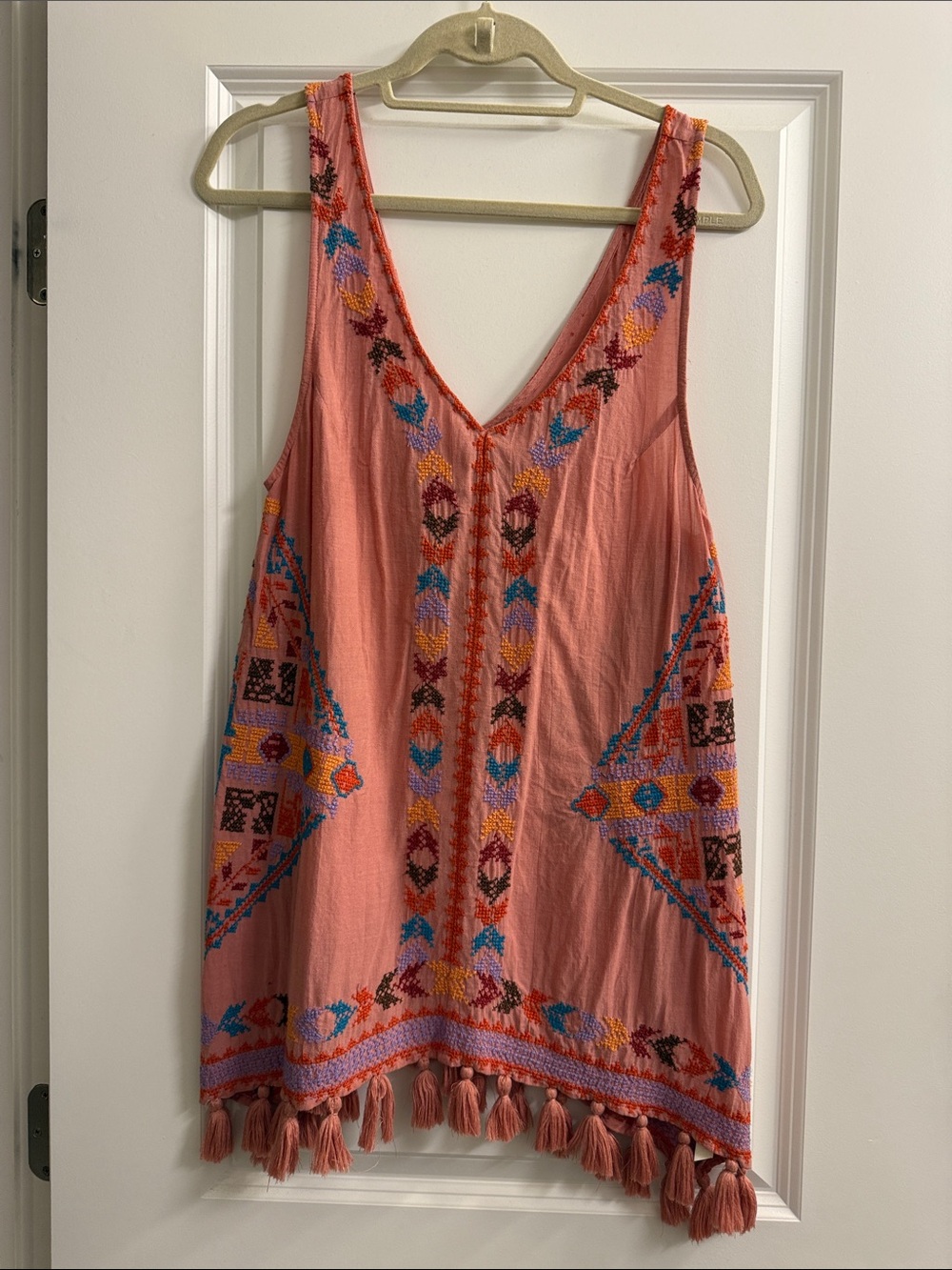 Free People Coral Pink Embroidered Tassel Tank Dress